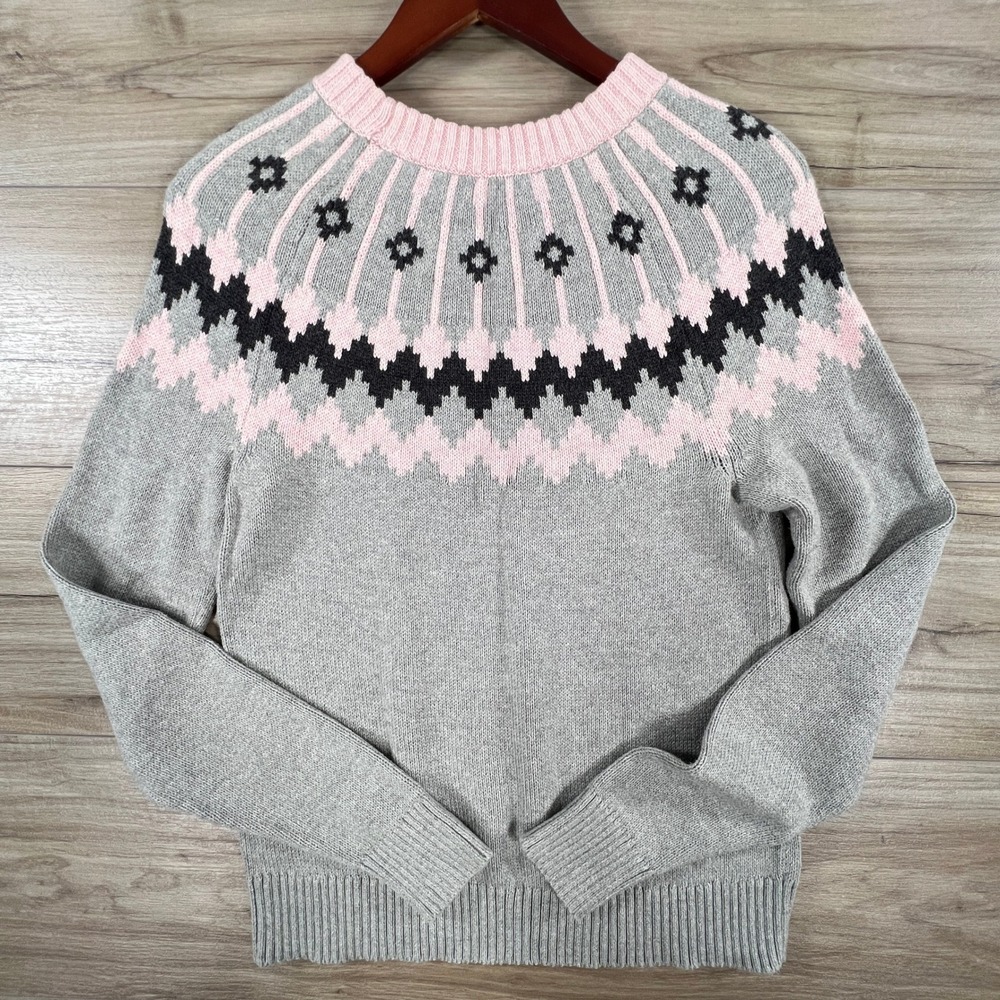 J.Crew Womens Small Grey Pink Fair Isle Yoke Crewneck Pullover Sweater